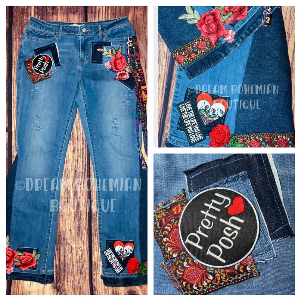 Handmade“Pretty Posh” UPCYCLED Denim Bell bottom Jeans